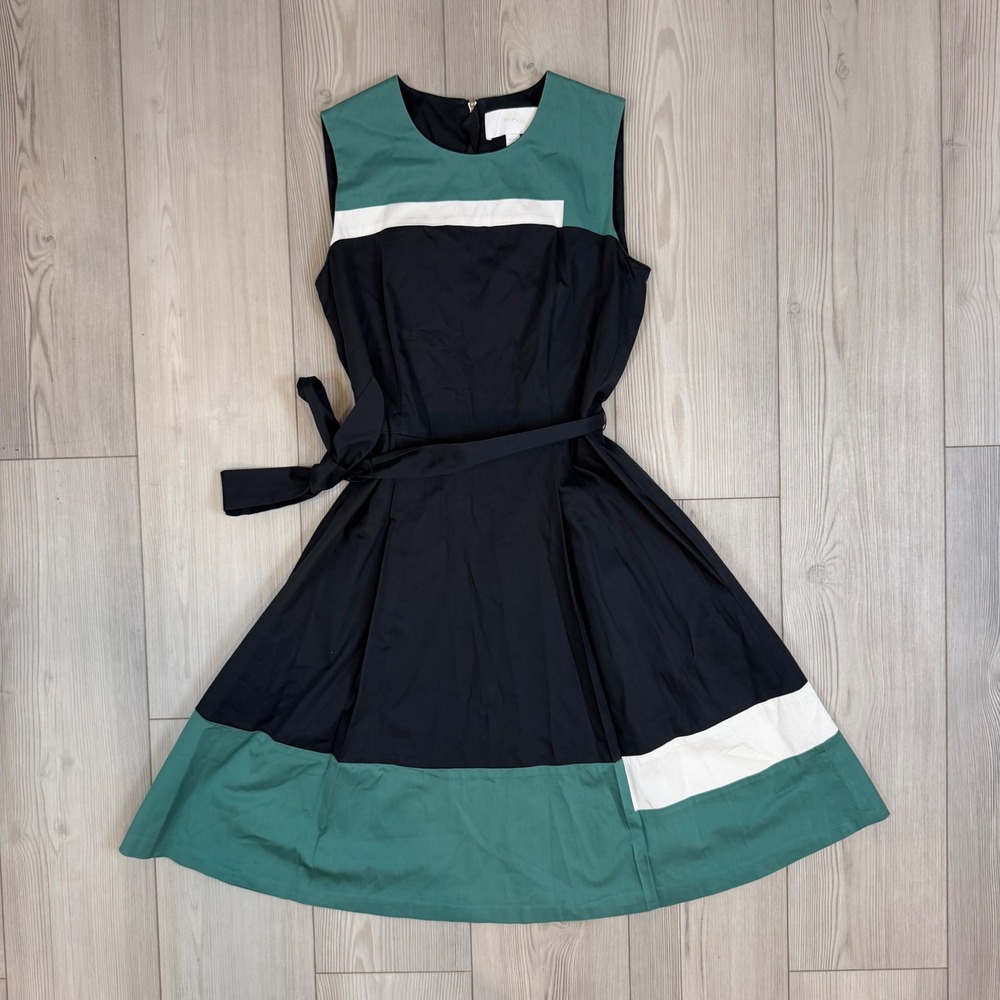 BOSS Hugo Boss Dadesa Colorblock Fit Flare Belted Midi Dress Navy Green White 4